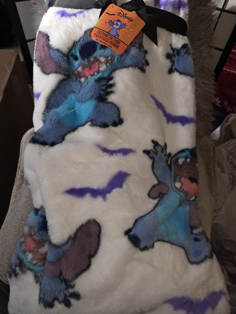 Disney White & Blue Stitch Plush Blanket with Purple Bats